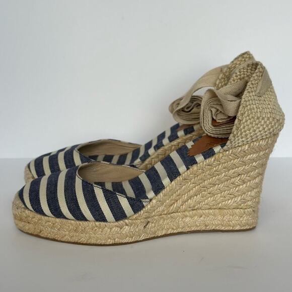 J Crew Espadrilles Wedge Heels Womens size 5 Ankle Lace Tie Striped Shoes - Picture 1 of 8